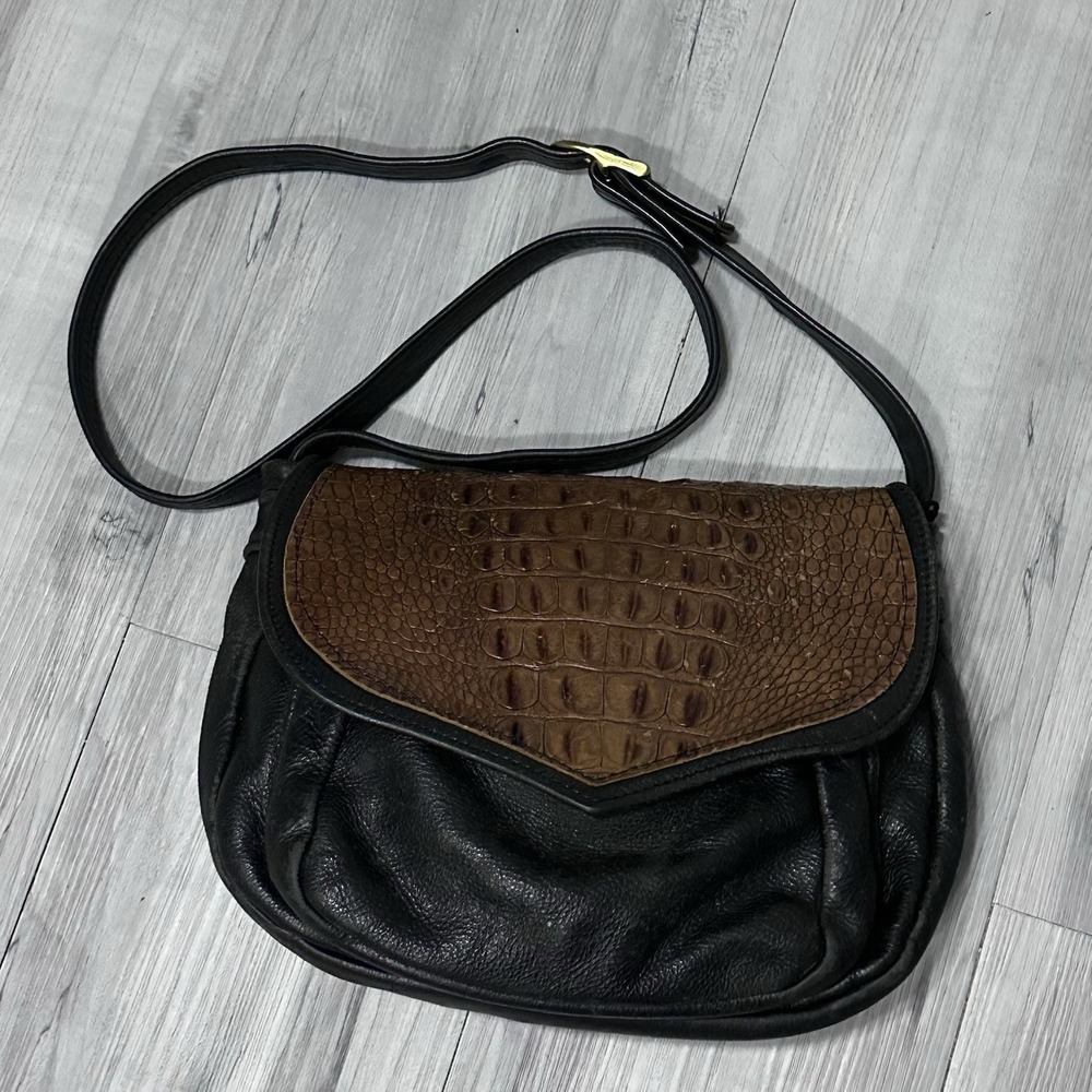 Vintage LEATHER & ALLIGATOR Shoulder Bag‎ Crossbody Purse Black Brown